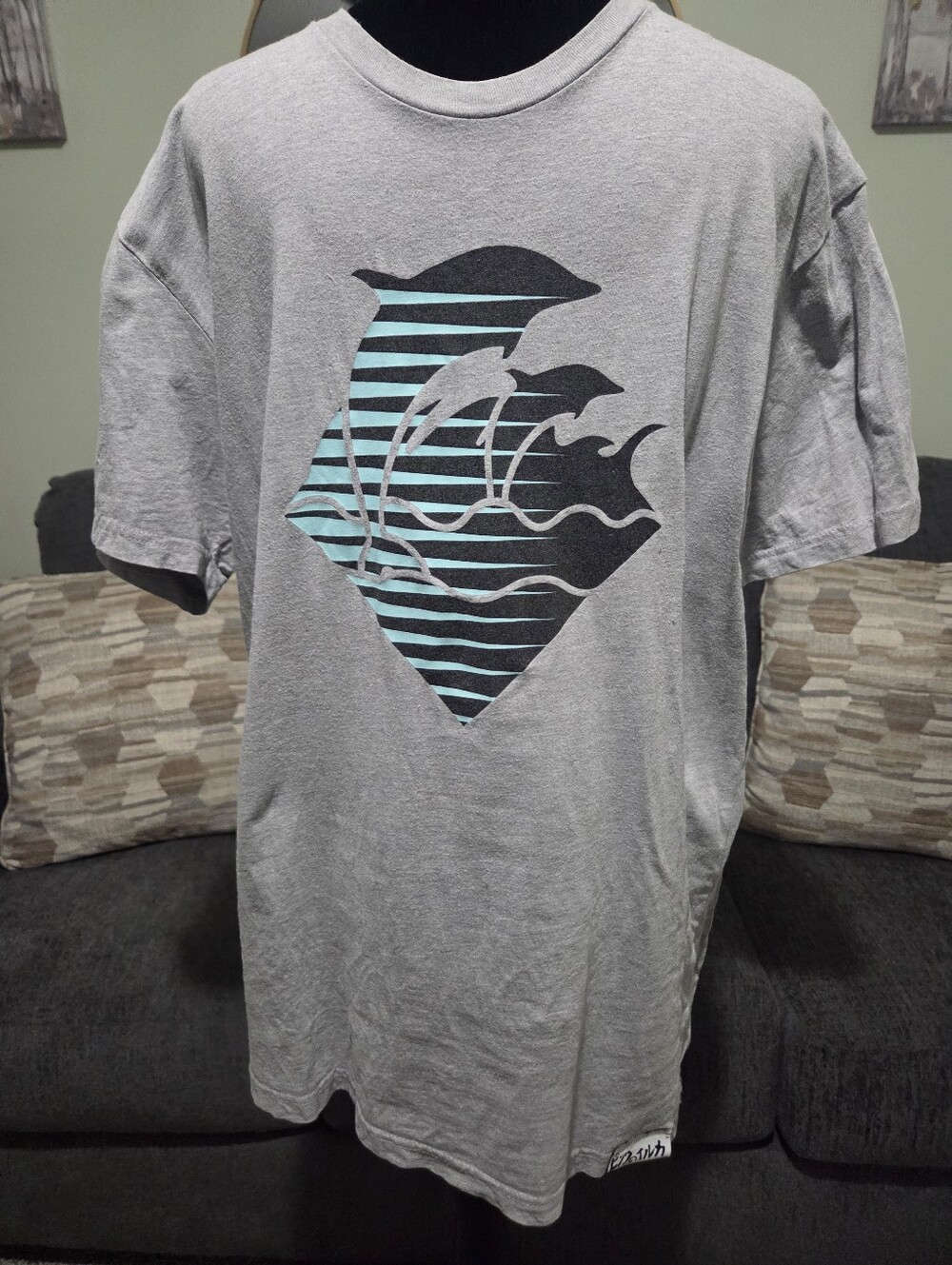 Pink Dolphin Gray Tee with Black and Light Blue Wave Graphic